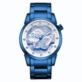 Men's blue stainless steel watch with skeleton dial and silver-tone gear details - Blue Case White Dial