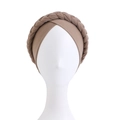 Detail of a brown braided turban headwear with high-elasticity knit fabric on model - Khaki