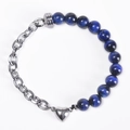Detail view of heart magnetic clasp joining blue gemstone beads and silver chain link - Blue Tiger Eye Bracelet