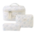 Three-piece set of white quilted cotton makeup bags with blue floral pattern - Blue Rose