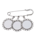 Silver metal safety pin brooch with three hanging lace-edged round pendant trays - Three Round Charms Pin Brooch