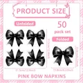 Infographic showing dimensions of 50-pack black bow-shaped party napkins unfolded and folded - Black