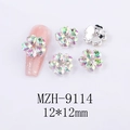 Detailed macro view of 5D colorful flower nail charms with size dimensions and back view - Five-Petal Flower Pink with Green Style (9114)