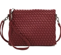 Macro detail of wine red woven leather clutch with silver zipper and wrist strap - Burgundy