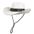 Detail eines weißen Stroh-Cowboyhuts mit braunem Lederband und türkisfarbenen Nieten - M (56-58cm) / Reinweiß