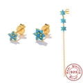 925 silver flower earring set with blue gemstones and hanging tassel chain in gold - 925 Silver / Yellow Gold - Turquoise