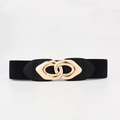 Black elastic waist belt for women with golden metal interlocking eye buckle design - 19454 Black