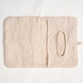 Detailed macro view of beige muslin cotton bedside storage bag with tissue dispenser - Solid Color