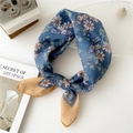 Blue cotton linen square scarf with daisy print and yellow border on white desk - 55cm / Blue Daisy