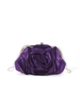 Elegant purple rose satin evening clutch bag with 3D floral petals and silver metal chain - Purple