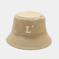 Detailed view of white L-letter embroidery and stitching on khaki cotton bucket hat - M (56-58cm) / Khaki