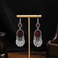 Vintage silver tassel earrings featuring wine red stones and ethnic bohemian charms - Wine Red Main Stone Leaf Tassel Style (E6014-4)