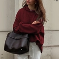 Women's burgundy knitted hooded sweatshirt paired with a brown leather tote bag - S / Burgundy
