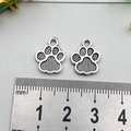 Silver dog paw glitter charm in alloy metal with ruler showing 15mm width size - Double-sided Silver Cat Paw (12x14mm)
