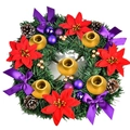 Ghirlanda dell'Avvento 33cm con nastri viola, portacandele dorati e pigne naturali - Corona a Cinque Coppe da 30cm