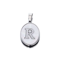 Detailed view of silver oval pendant featuring a mother-of-pearl inlay and letter R engraving - Steel Letter R