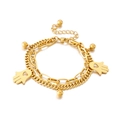 Zweilagiges goldfarbenes Armband mit Hamsa-Hand-Anhänger und feinen Metallperlen - Goldene Hamsa-Hand Doppelstock-Stil (KB148864-Z)