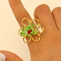 Bohemian gold wire wrapped flower ring with green stone beads and red center - Gold (X402)