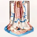 Royal blue vintage carriage print silk satin square scarf with classical patterns - 90*90cm / Sapphire Blue