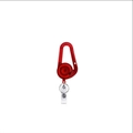 Detailgezicht van een rode intrekbare badgehouder met karabijnhaak en transparante strap. - Rood