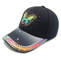 Detailed close-up of gradient rhinestone butterfly on black baseball cap with crystal brim - M (56-58cm) / Black