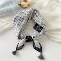 Cotton linen square scarf with black C-pattern and grey tassels for women - C Rose Pattern (Fringe)