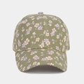 Detailansicht der olivgrünen Baseballkappe mit rosa Blumenmuster auf Segeltuch - Verstellbar / Grün