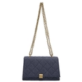 Deep blue denim quilted crossbody bag with gold chain strap and rectangular lock - Dark Blue