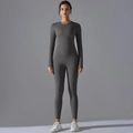 Detail of high-stretch brushed yoga set featuring tight long-sleeve top and high-waisted leggings - S / Dark Gray