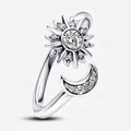 Adjustable silver sun and moon ring with clear zircon and pavé micro-inlay details - Sun & Moon Single Ring