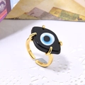 Detailed view of handmade gold-plated evil eye ring with adjustable opening design - Adjustable Open / Black