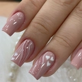 Short square press-on nails in pink with white hearts and glitter lines art - Glue Type / Pink Heart (Y-225)