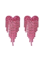 Close-up of pink rhinestone heart tassel earrings with long vertical fringe details - Rose Red