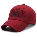 Distressed dark red vintage baseball cap with Boston 1630 3D embroidery and torn details - Red