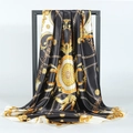 Vintage 90cm satin scarf featuring gold baroque chain patterns on a black background - Black Gold Vintage