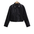 Damen Mode schwarze PU-Lederjacke mit Reverskragen und Reißverschluss auf Holz-Kleiderbügel - XS / Schwarz