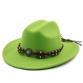 Green wool fedora hat with ethnic beaded band and turquoise stone in 45-degree view - M (56-58cm) / Fresh Green