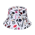 White bucket hat featuring colorful cosmetic prints including lipstick and brushes - M (56-58cm) / White