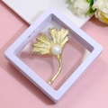 Golden ginkgo leaf brooch with sparkling rhinestones and a central pearl in a white gift box - XZ022-Ginkgo Pearl-Boxed