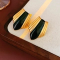 Vintage French style gold metal drop oil geometric earrings with black enamel texture - Earrings (Silver Earring Post) / Gold