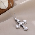 Elegant silver O-chain necklace featuring a vintage cross pendant with white pearls and zircons - Fresh Silver Row Bead Cross Style (E)