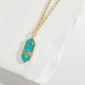 Retro golden bee pendant necklace with a green hexagonal stone and moon detail - Lake Blue