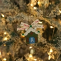 Handmade green felt house ornament with blue letter A, ribbon bow and golden bell - Style 10 (Green House Pendant)