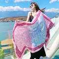Pink and blue gradient bohemian shawl with red floral patterns and tassel trim - Pink Flowers
