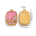 Pink and gold rectangular oil painting pendant with flower and cubic zirconia - Rectangular Floral Rhinestone Pendant (Z2361GC) / Pink