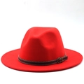 Classic red wool fedora hat with a brown leather belt and vintage copper buckle - M (56-58cm) / Orange Red