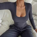 Chic dark grey ribbed long sleeve top with square neck for women in y2k fashion style - S / Dark Gray