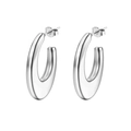 Polished silver stainless steel chunky C-shaped hoop earrings with butterfly backs - Oval Hollow (MS-017) / Steel