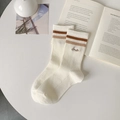 Creamy white ribbed mid-tube sports socks with double stripes and Smile embroidery - One Size / White/Coffee Stripes