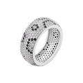 Macro shot of wide band ring with black flower pavé cubic zirconia and silver finish - Round (VJ611) / Silver